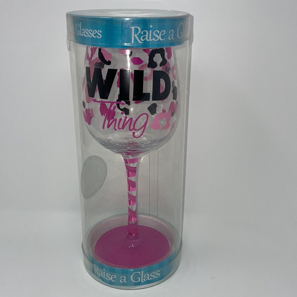 NWT Raise a Glass “Wild Thing” Hand Painted Wine Glass Hot Pink/Black